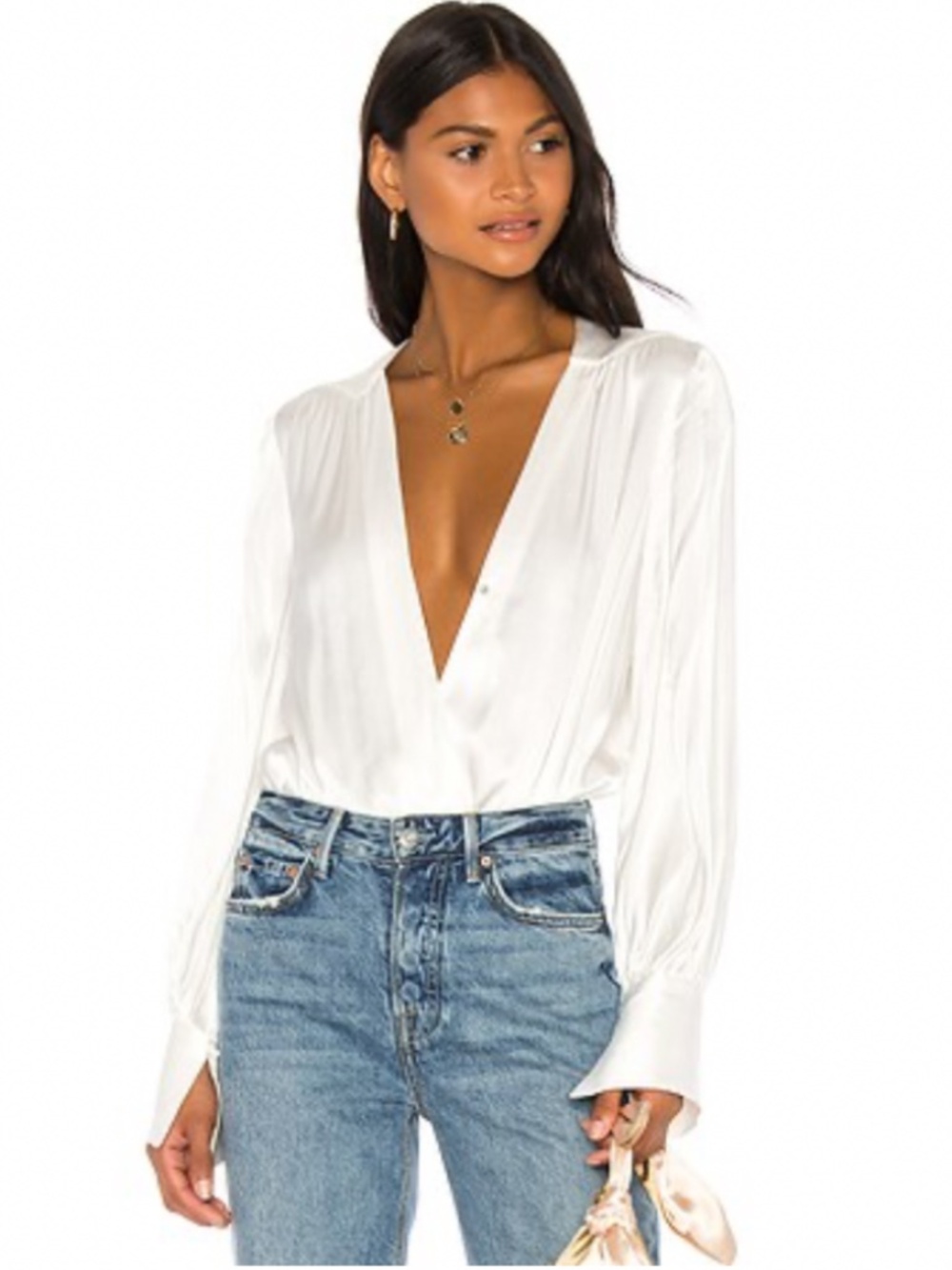 Bardot Cassidy white bodysuit deep V long sleeve blouse XS